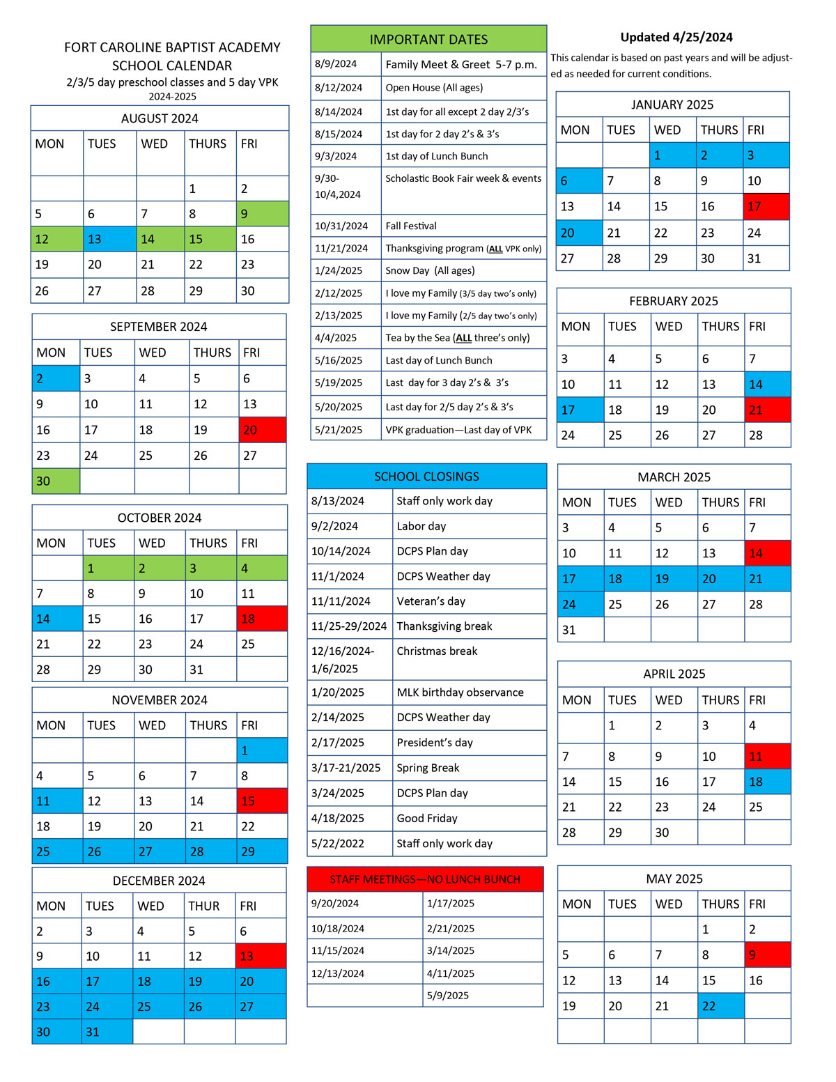 FCBA Jax 2024 - 25 school calendar